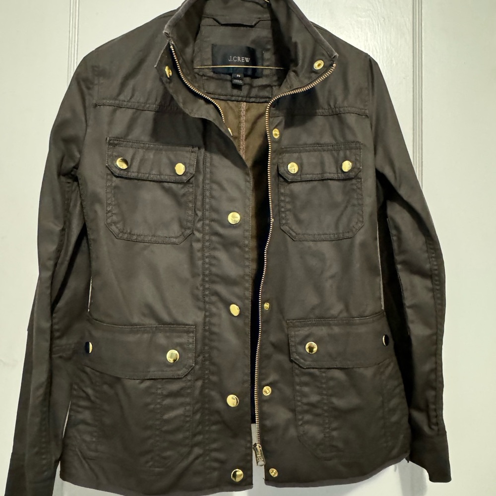 J Crew barn jacket in army green with gold buttons.